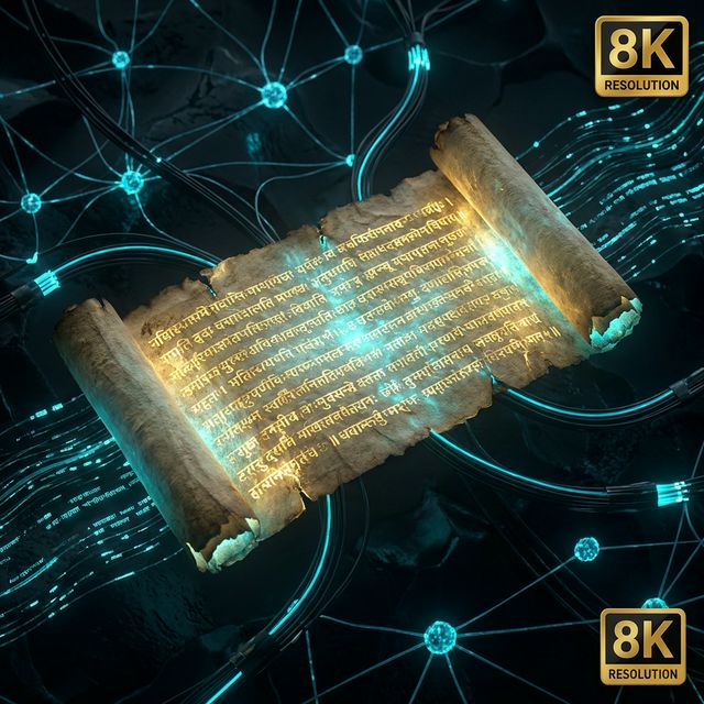 Ancient Sanskrit manuscript merging with glowing neural network data streams | Dr. Dhaval Trivedi AI Research