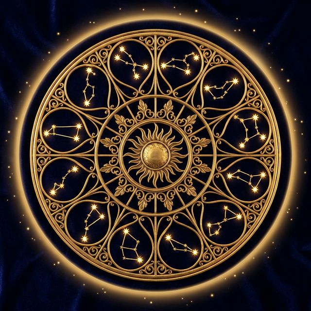 Vedic zodiac wheel with golden constellations
